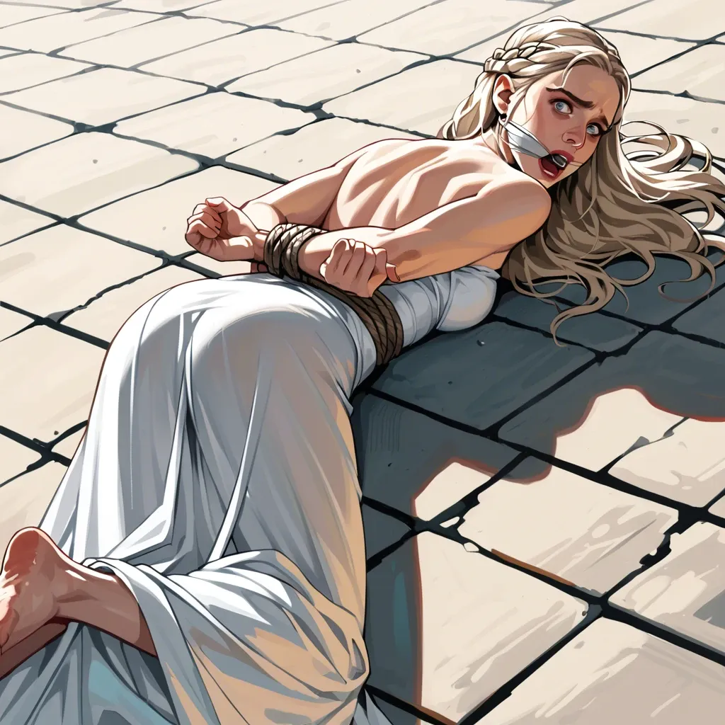 1girl, solo, Daenerys Targaryen \(Game of Thrones\), long dress, barefoot, laying on stomach, rope bondage, hogtied, hands behind back, wrap gag, scared, screaming, ((face view))