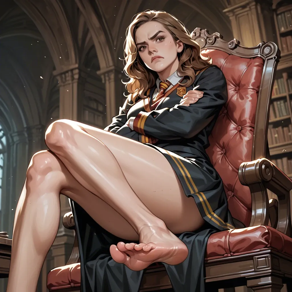 1girl, solo, Hermione Granger \(Harry Potter\), brown eyes, hogwarts uniform, long skirt, barefoot, sitting on chair, crossed legs, crossed arms, soles focus, looking at viewer, annoyed, ((from below))