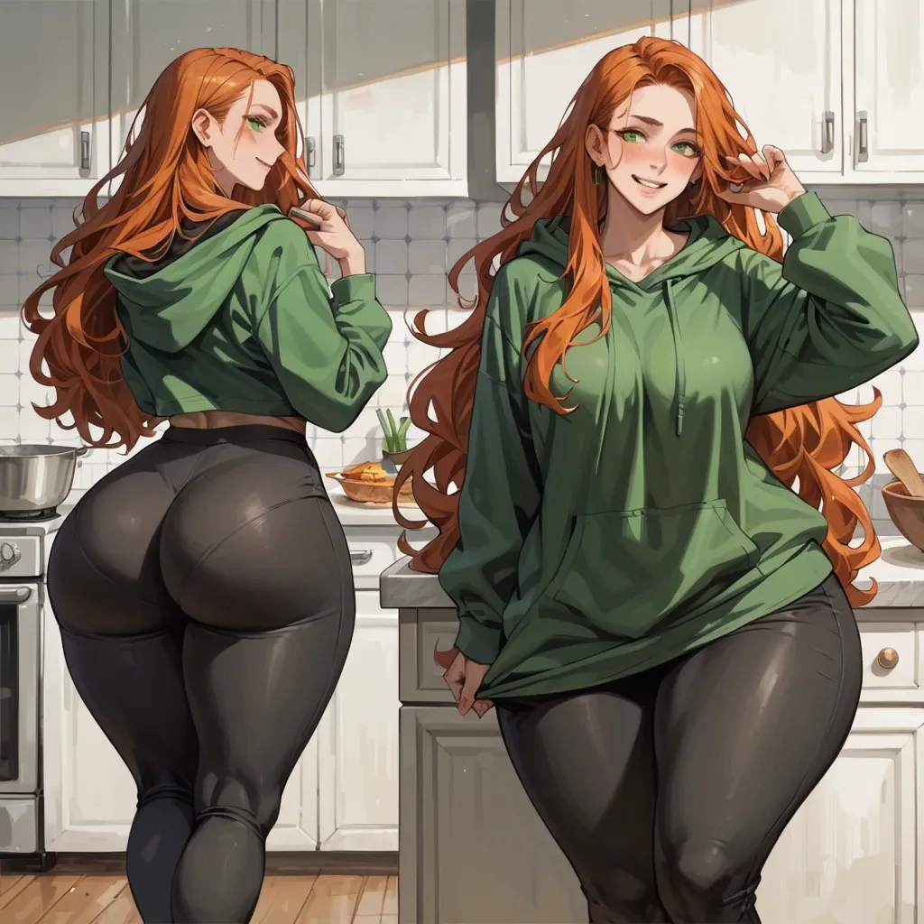 Massive ass, huge thick thighs, wide hips, love handles, thick, curvy, very long wavy ginger hair, green eyes, smiling, oversized dark green hoodie, black yoga pants, kitchen, making breakfast, flashing tits