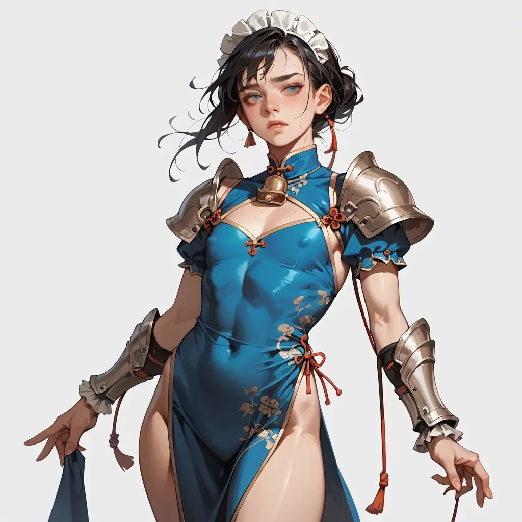 1girl,solo, , , , china dress,sole,big boobs,hip,neck bell, light freckles,armor,round tits,hip,shoulder, beautiful eyes,left hand,flat chest,hip,blue turtleneck, maid dress,white socks,black gloves,black bra,strappy sandals, gown,tight fishnets,circle glasses,mini skirt bra,armored boots, torn dress,knee socks,big earrings,frilled panties,platform heels, barbara, waterfall, hands on table, painted nails, well-lit, zelda sd, ariel waifu, hinata