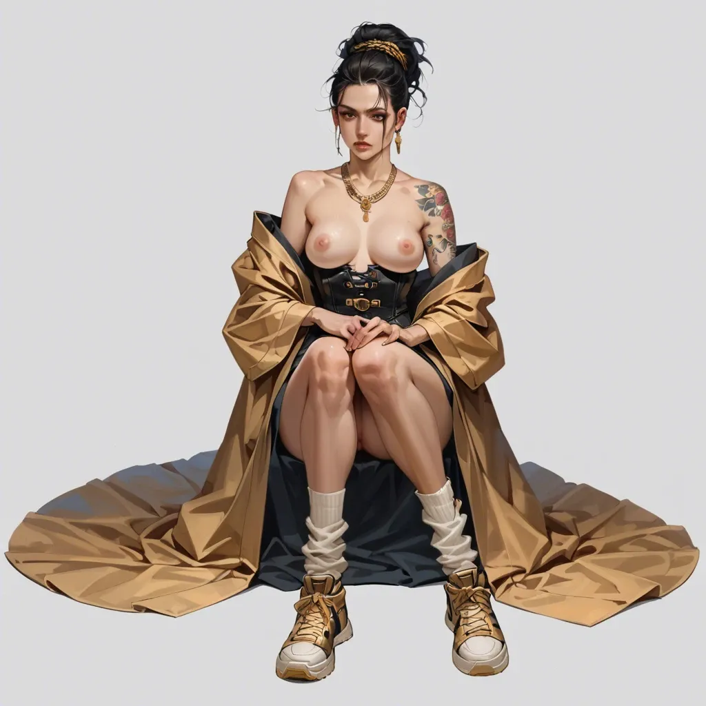 1girl,solo, , , , nostrils,fat knees,areola,very slim waist,shoulder tattoo, eyes crossed,monster feet,hard nipples,looking back,gold necklace, robe,baggy socks,belts,corset,sneakers, bare shoulders, at the river, medieval prison, ball gag, robot eyes, photo-realistic, dark, mario and luigi, ariel waifu