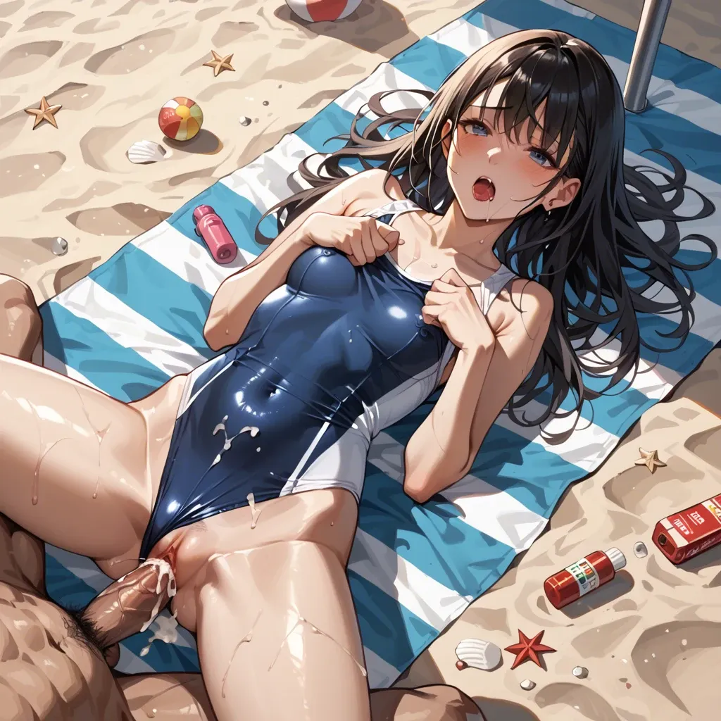 Japanese schoolgirl in swimsuit gets fucked on the beach in the morning in front of everyone