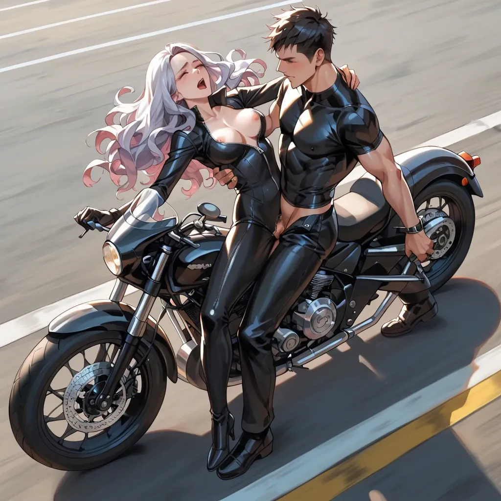 mirajane strauss, black unzipped exposed Catsuit, large long motorbike, sexy, anime cute style, straight hair, backward on motorbike, standing flipped,  missionary sex,  looking from above view on motorcycle