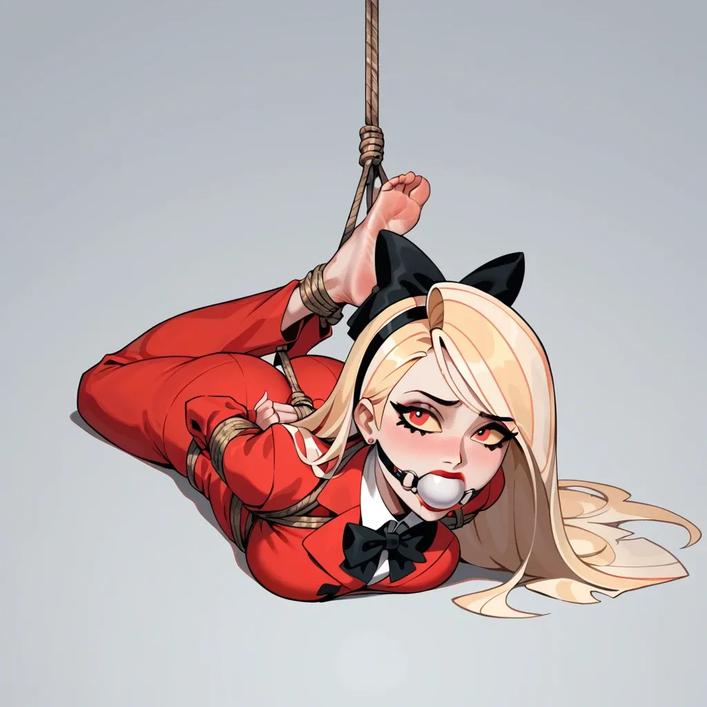 1girl, solo, , , , Charlie Morningstar \(Hazbin Hotel\), ((3/4 view)), red suit, red trousers, black bow, barefoot, face focus, rope bondage, hogtied, white ball gag, hands behind the back, laying on stomach, shocked, scared