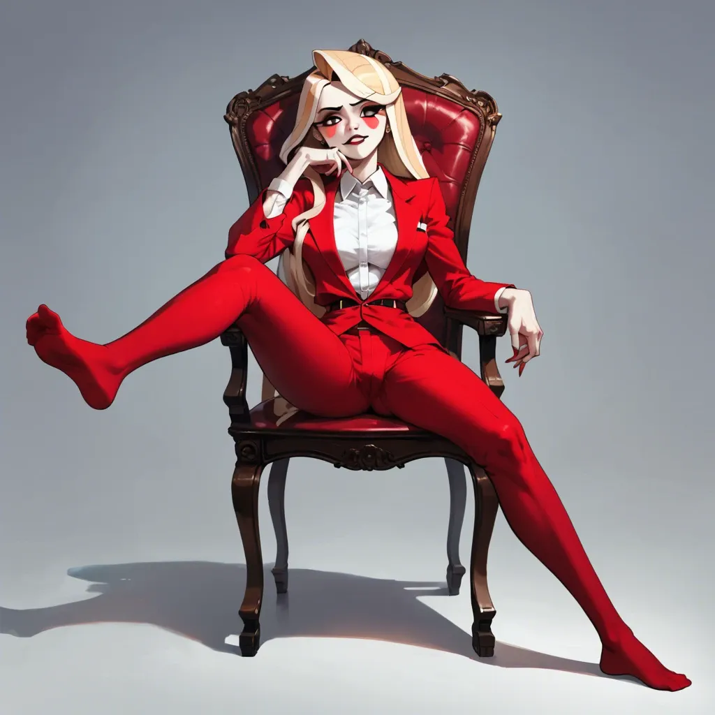 1girl, solo, Charlie Morningstar \(Hazbin Hotel\), pale skin, red pants, red suit, single red sock, one sock off, one foot is bare, sitting on chair, ((Straight-on))