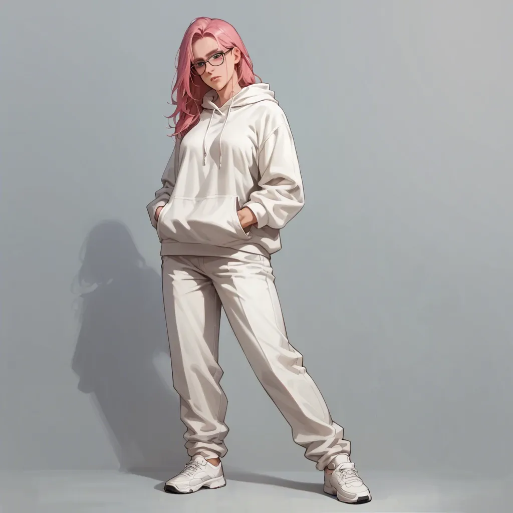 1 solo girl,,,, no background, no objects, full view, stand up, long pink hair, black glasses, white hoodie, sportive white pants, white sportive shoes, gentle look, soft skin, 20 years old, human, open blue eyes, facing camera, energetic look