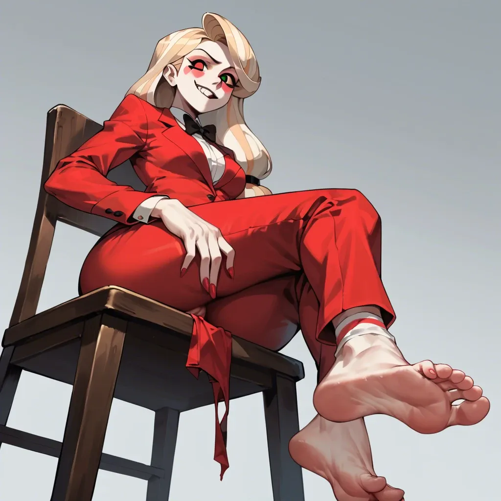 1girl, solo, Charlie Morningstar \(Hazbin Hotel\), pale skin, red pants, red suit, no shoes, single sock, single bare foot, sitting on chair, soles focus, ((from below))