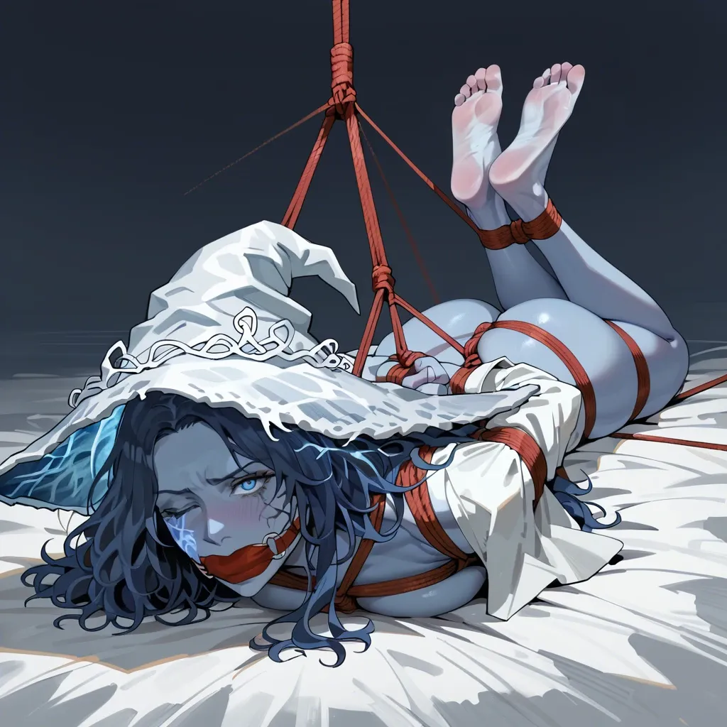 1girl, solo, Ranni the Witch \(Elden Ring\), blue skin, full clothes, no shoes, laying on stomach, rope bondage, hogtie, hands behind the back, wrap gagged, feet focus, annoyed, ((face view))