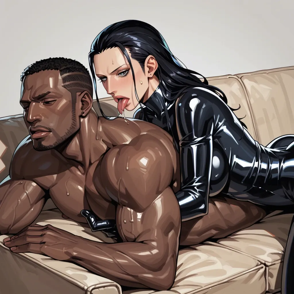 couch, black tight latex suit, pulled back hairstyle, nico robin, rimming, rimjob, interracial, bbc, tall muscular dark skin male, precum