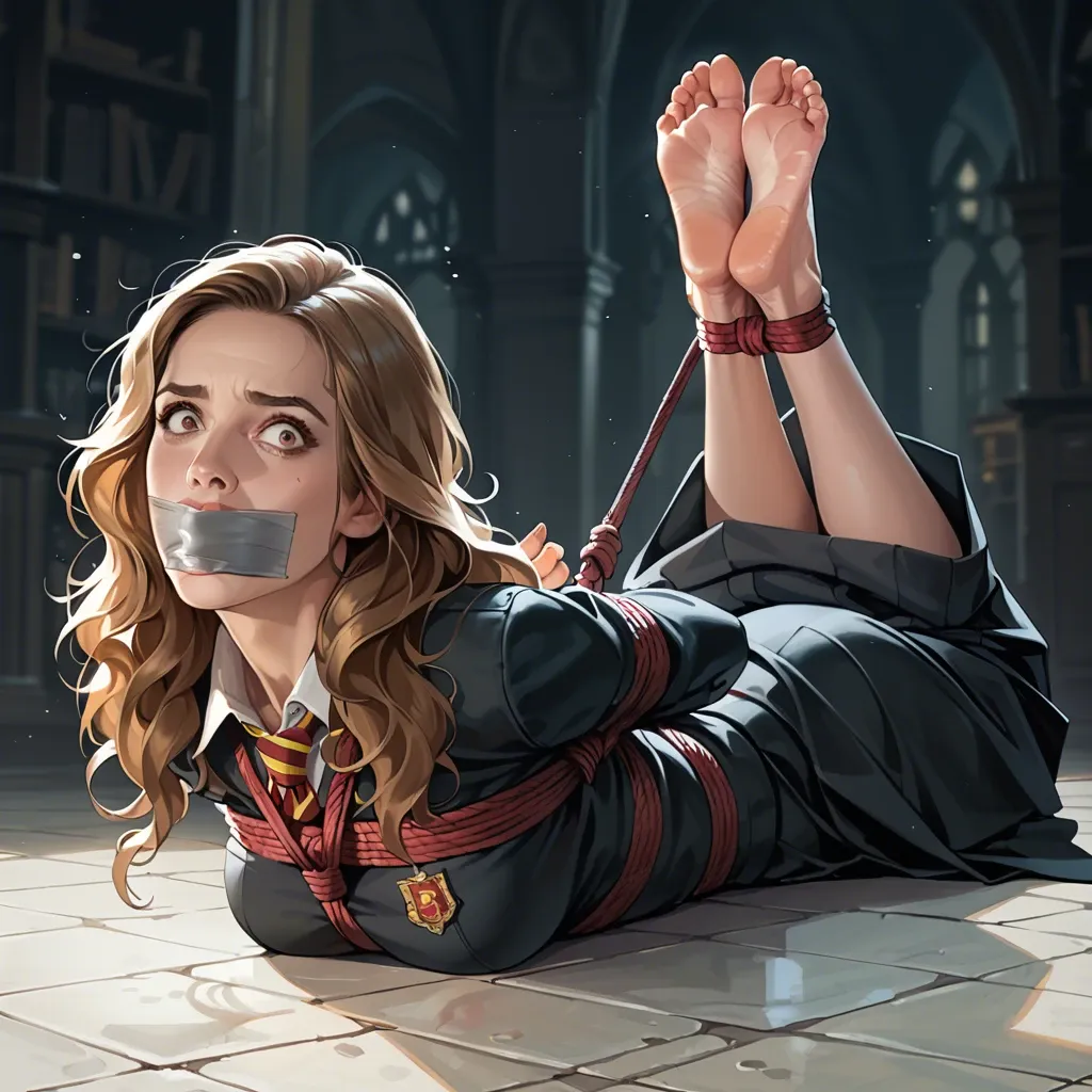 1girl, solo, Hermione Granger \(Harry Potter\), brown eyes, hogwarts uniform, long skirt, barefoot, laying on stomach, rope bondage, hogtied, arms behind the back, tape gagged, feet focus, looking at viewer, shocked, screaming