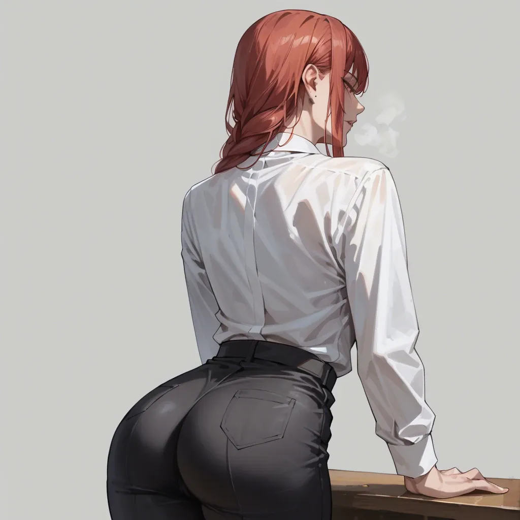 Makima, fully dressed, clothed, black pants, white shirt, clothed, ass, seductive pose