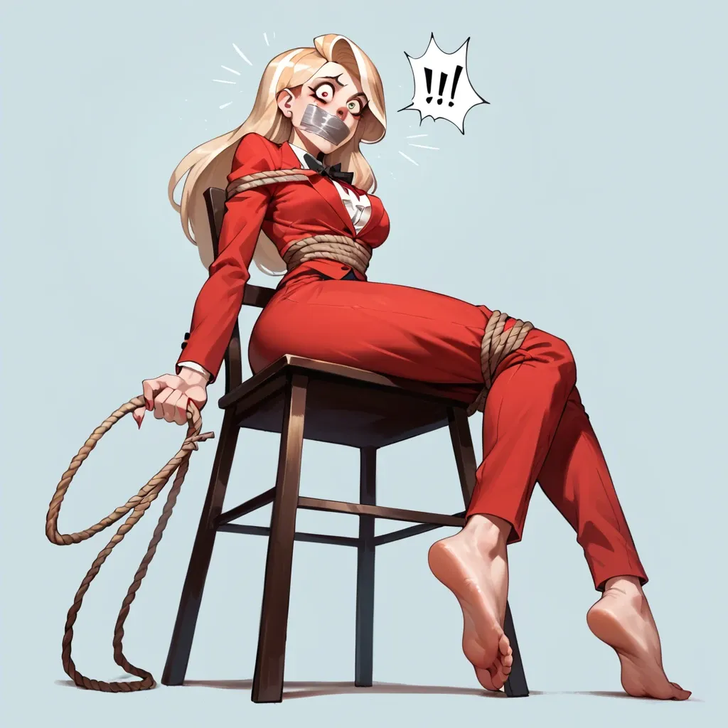 1girl, solo, Charlie Morningstar \(Hazbin Hotel\), pale skin, long red trousers, red suit, barefoot, sitting on chair, rope bondage, tape gagged, shocked, scared, soles focus, ((from below))