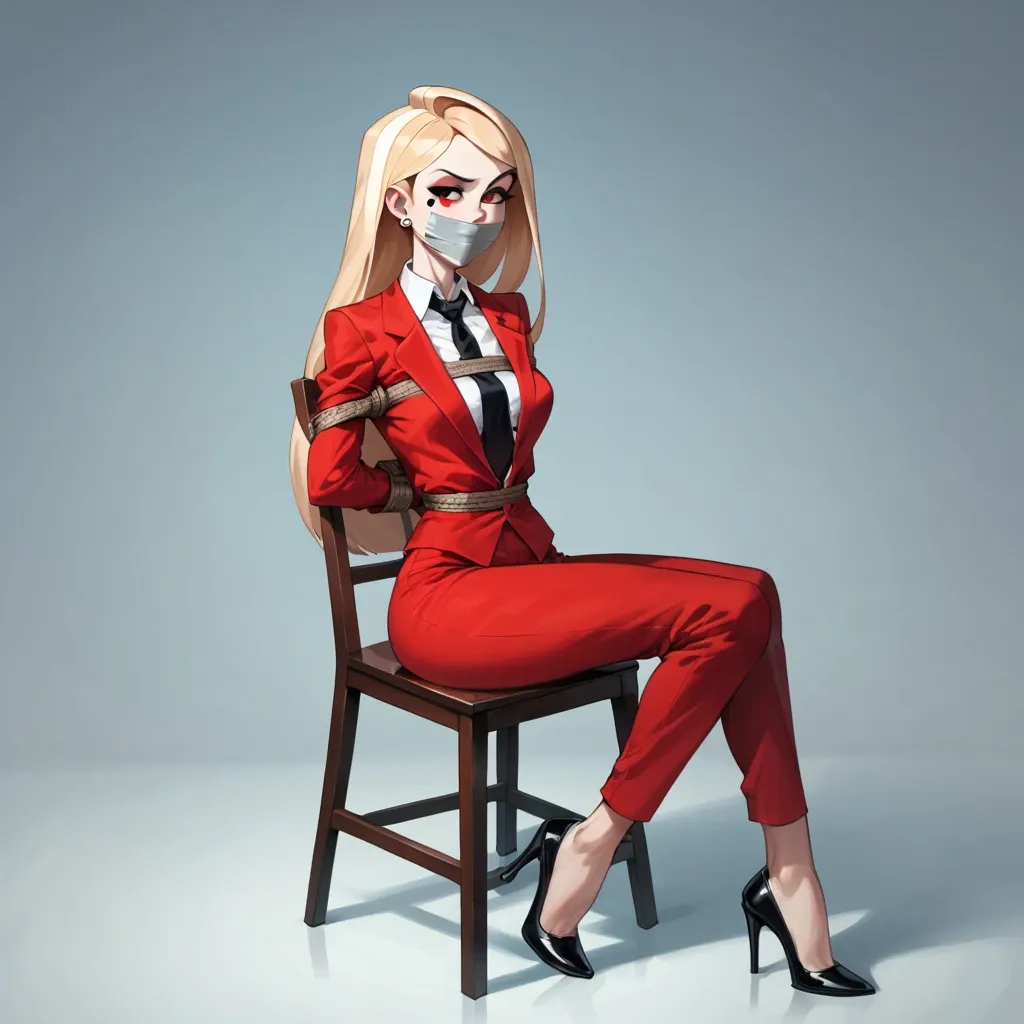 1girl, solo, Charlie Morningstar \(Hazbin Hotel\), ((front view)), pale skin, long red pants, red suit, barefoot, perfect feetsitting on chair, tied to chair, rope bondage, arms behind the back, legs rope bound, tape gagged, barefoot, perfect feet, shocked, raised eyebrow