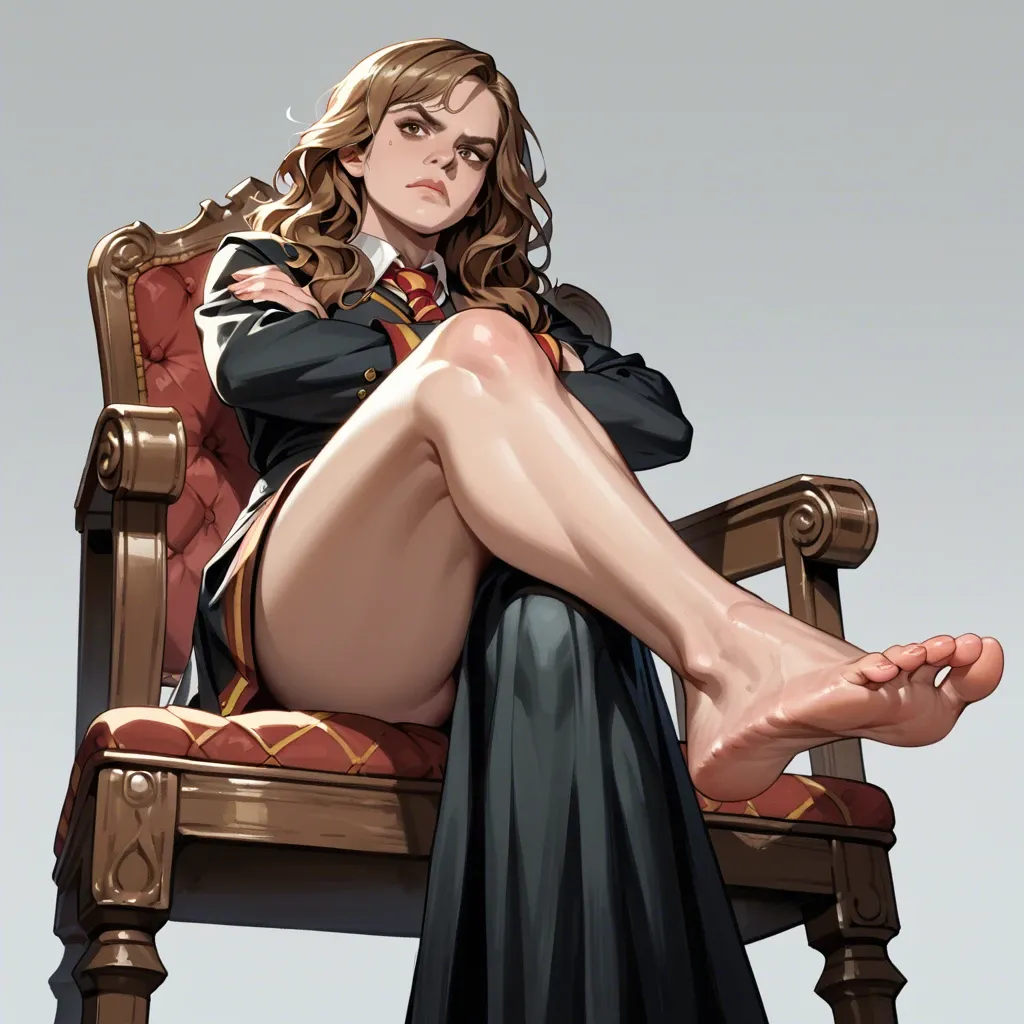 1girl, solo, Hermione Granger \(Harry Potter\), brown eyes, hogwarts uniform, long skirt, barefoot, sitting on chair, crossed legs, crossed arms, soles focus, looking at viewer, annoyed, ((from below))