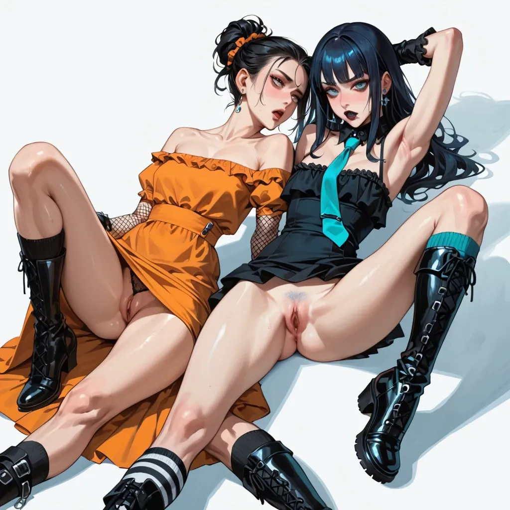 2girl, , , , touching pussy,spread armpits,saggy boobs,slim waist,off shoulder, gown,baggy socks,fishnet gloves,panties aside,gothic boots, orange sundress,socks,aqua necktie,blue panties,heels, bare chest, beach, glowing dildo, linked, miku