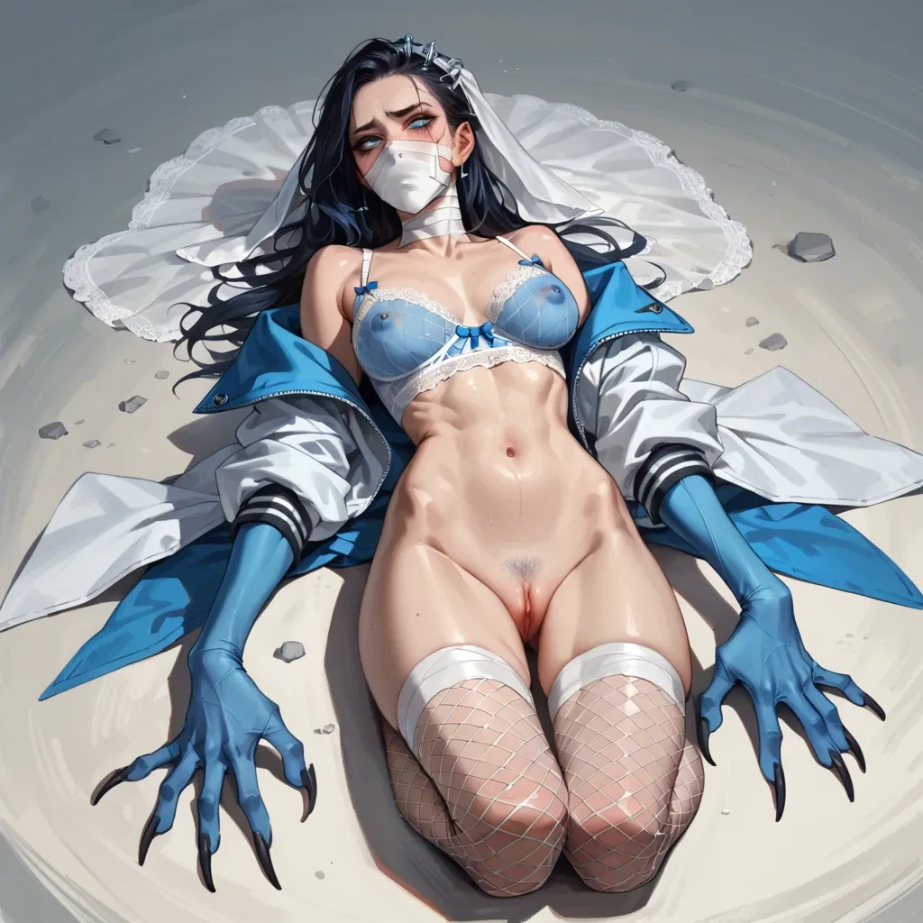 1girl,solo, , , , mouth taped,on the knees,blue nipples,tummy,kneeling female, sharp jawline,blue doll arms,covered nipples,laying on back,off shoulder, half dressed,fishnets,white veil,lace bra,strappy sandals, brazil jungle, cyberpunk, spiked dildo, detailed irises, dark hair, tifa lockhart, spider-gwen