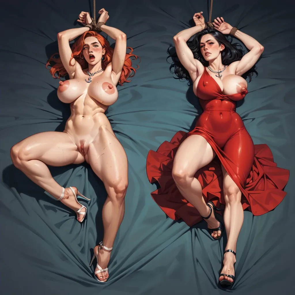 2girl, , , , jaw,arms tied,huge nipples,on back,skinny thighs, freckled,nice feet,huge breast,conceivable,bound ankles, shirtless,anchor necklace,strings,string bodysuit,stiletto heels, red dress,blue stockings,racing gloves,wet bra,heels, pink skirt,tight fishnets,collared,blue bra,white boots, bar background, ocean, castle exterior, super detailed, backlit, princess zelda, elsa, waifu, naked