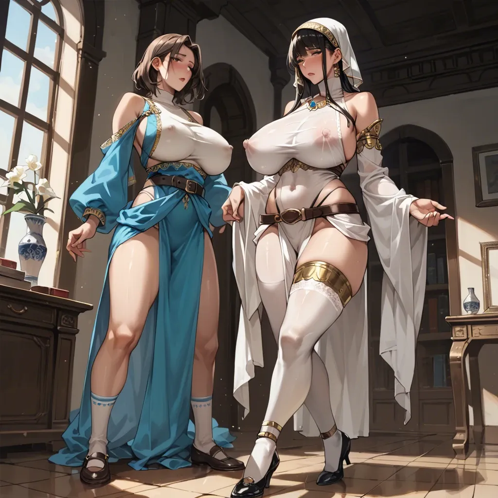 2girl, , , , large nose,perfect hands,huge breasts,covered navel,turtleneck, nose blush,bodycam footage,nipple bulge,arabian clothes,bare shoulder, skirt lift,white socks,belt,lace thong,shoes, inside bedroom, mountains, cyberpunk, robot eyes, lara croft, hatsune miku