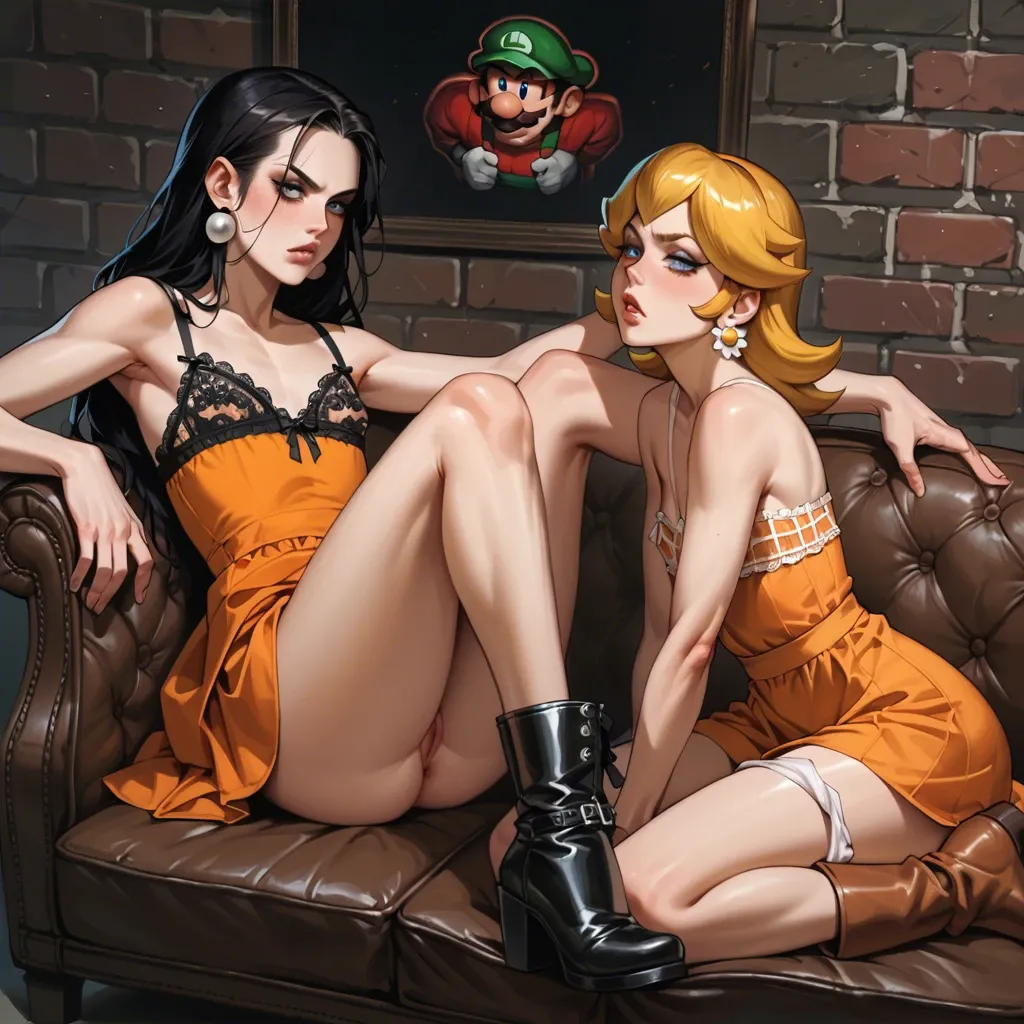 2girl, , , , cock on cheek,perfect feet,flat chest,hips grab,wrists, orange sundress,lace bra,panties down,lace lingerie,gothic boots, sit on a couch, painted, dark alleyway, mario and luigi, sweetie belle, dynamic