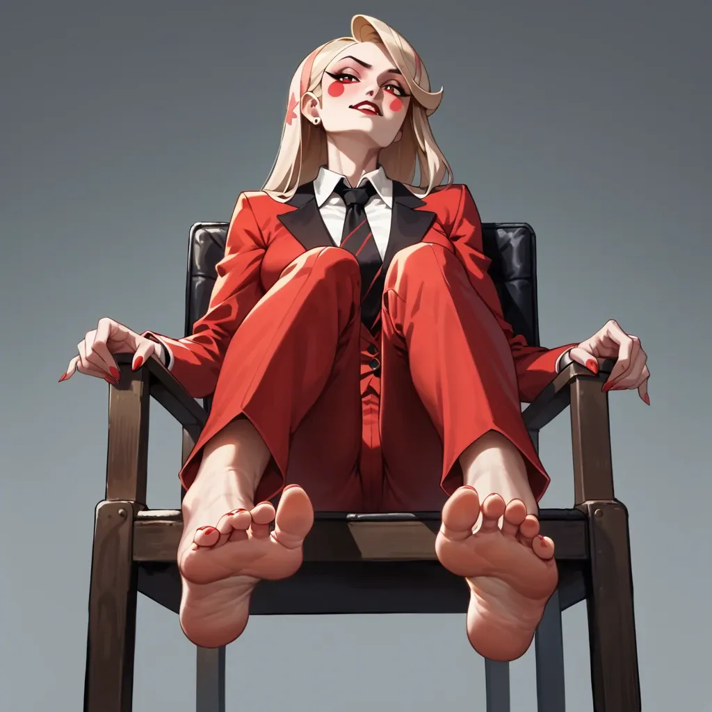 1girl, solo, Charlie Morningstar \(Hazbin Hotel\), red suit, red pants, barefoot, sitting on chair, showing feet, looking at viewer, teasing, soles focus, ((from below))