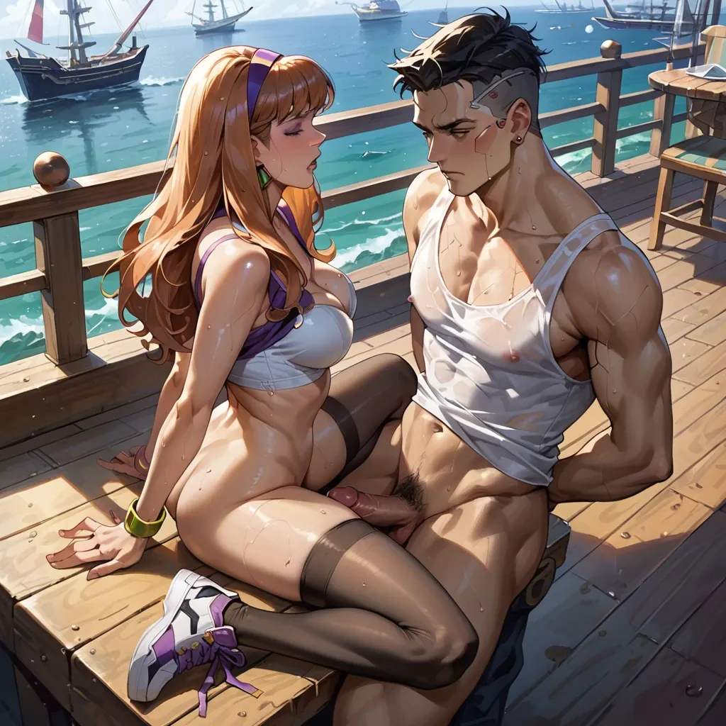 1girl,1boy, , , , cheek press,arms behind back,perky tits,ship deck,wet skin, white tank top,black stockings,jewelry,bra lift,sneakers, bare shoulders, daphne blake, cyberpunk, source anime, golden hour, mario and luigi, belle, ariel waifu