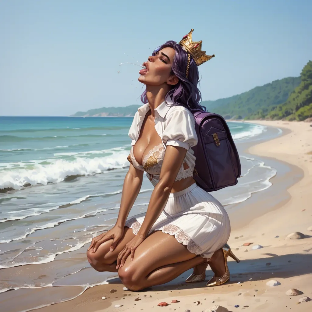 1girl,solo, , , , catching,on tiptoe,detail areola,purple backpack,throat bulge, formal shirt,lacey,gold crown,lace bra,heels, beach, medieval dress, detailed skins, dark elf, ariel waifu, mari makinami