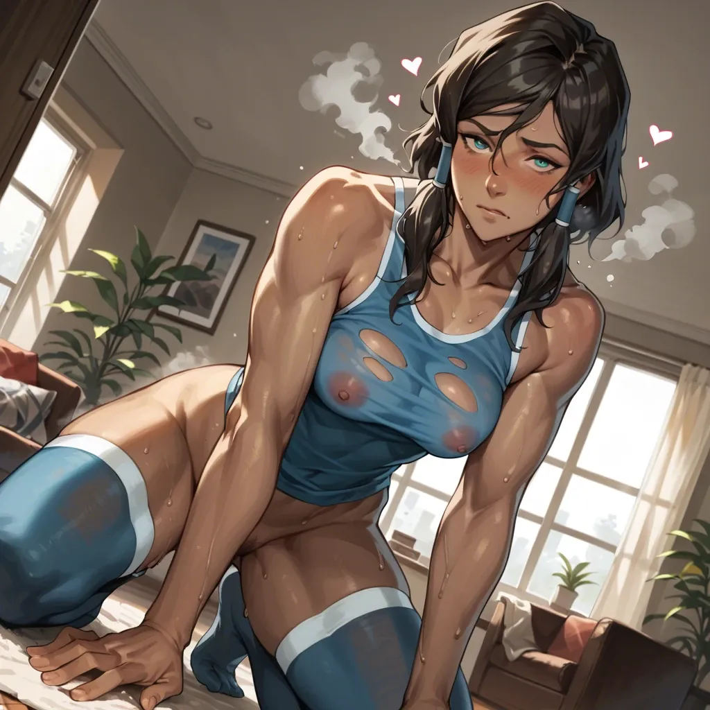 1girl, solo, Korra (avatar), dynamic angle, sexy, steam, blush, thighhighs, sexy, blush, sweat, living room, sexy, pose, steam, face focus, closeup, hearts, tanktop, boob areola, hands behind head, wet body, closeup, smirk, looking at viewer,, large breasts