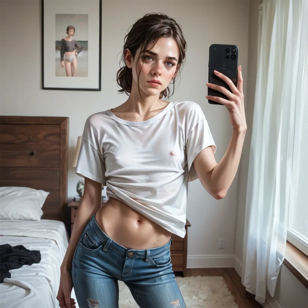 realistic,detailed,bedroom,ellie,youngfull,teeny,flat chest,skinny,petite,slim,dressed in printed oversized top shirt,tight jeans,standing selfie