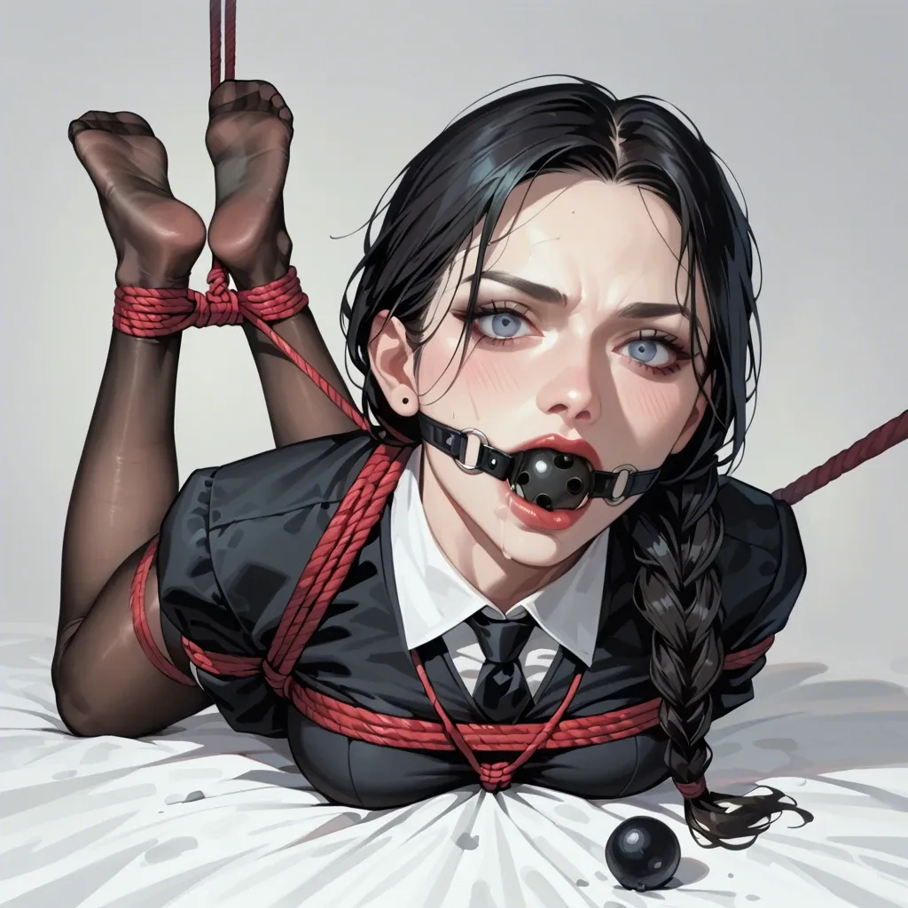 1girl, solo, Wednesday Addams \(Wednesday\), full clothes, black pantyhose, no shoes, laying on stomach, rope bondage, hogtied, hands behind the back, black ball gag, looking at viewer, feet focus, ((from above))