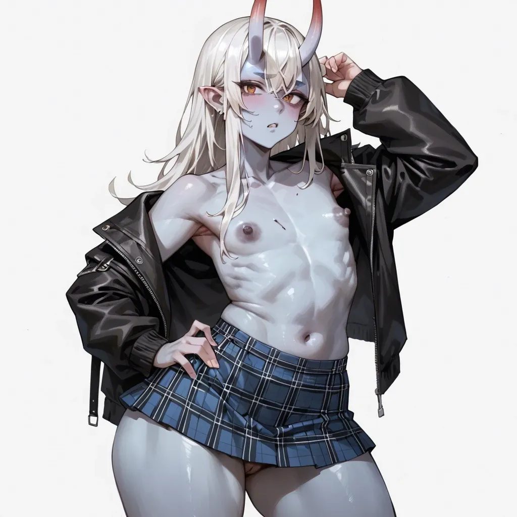 cute anime, oni girl,blue skin, plaid micro skirt,black jacket, long horns,white disheveled hair,flat saggy chest,huge nipples,dark nipples,huge hips,fat ass