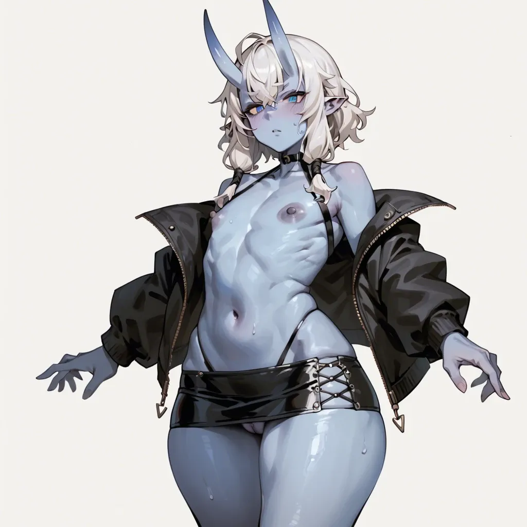 cute anime, oni girl,blue skin, micro skirt,mini black jacket, pointed ears,long horns,white disheveled hair,flat chest,huge nipples,dark nipples,huge hips