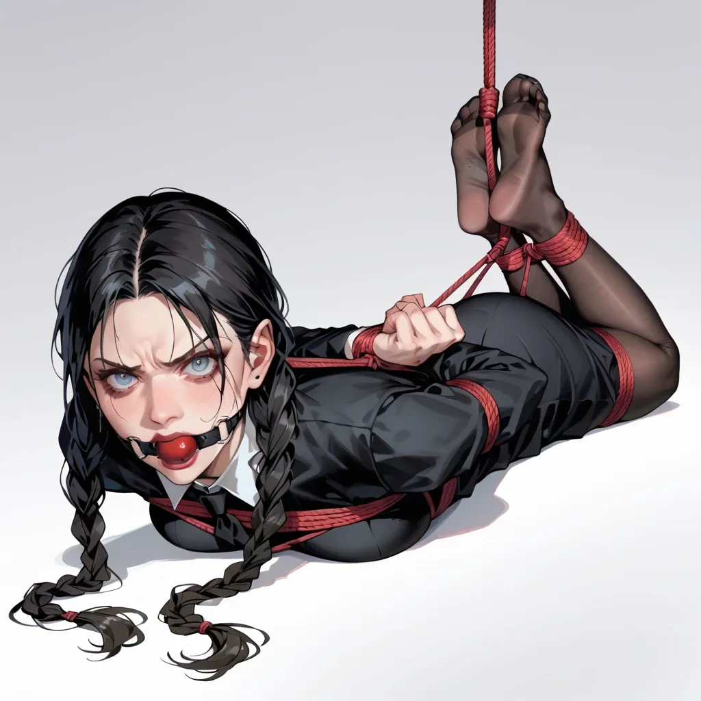 1girl, solo, Wednesday Addams \(Wednesday\), full clothes, black pantyhose, no shoes, laying on stomach, rope bondage, hogtied, hands behind the back, black ball gag, looking at viewer, angry, feet focus, ((from above))