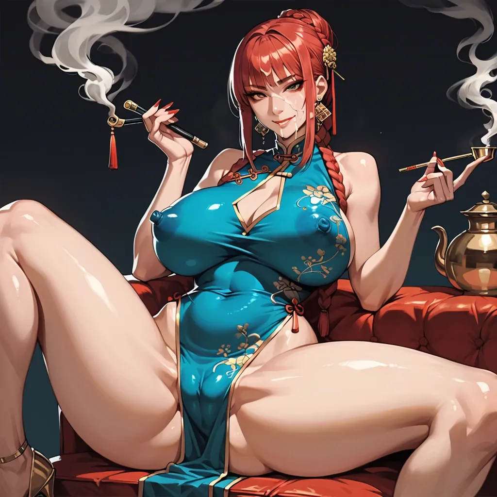 Makima, oriental, sitting, cum on face, spread legs, camel toe, beautiful, smiling, erect nipples, huge massive tits, smoking, smoking pipe, smoking a pipe, makeup, jewelry, chinese dress, illustrated, artwork, painted