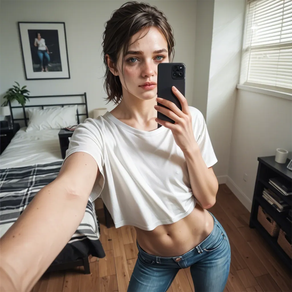 realistic,detailed,bedroom,ellie,youngfull,teeny,flat chest,skinny,petite,slim,dressed in oversized top shirt,tight jeans,standing selfie on phone