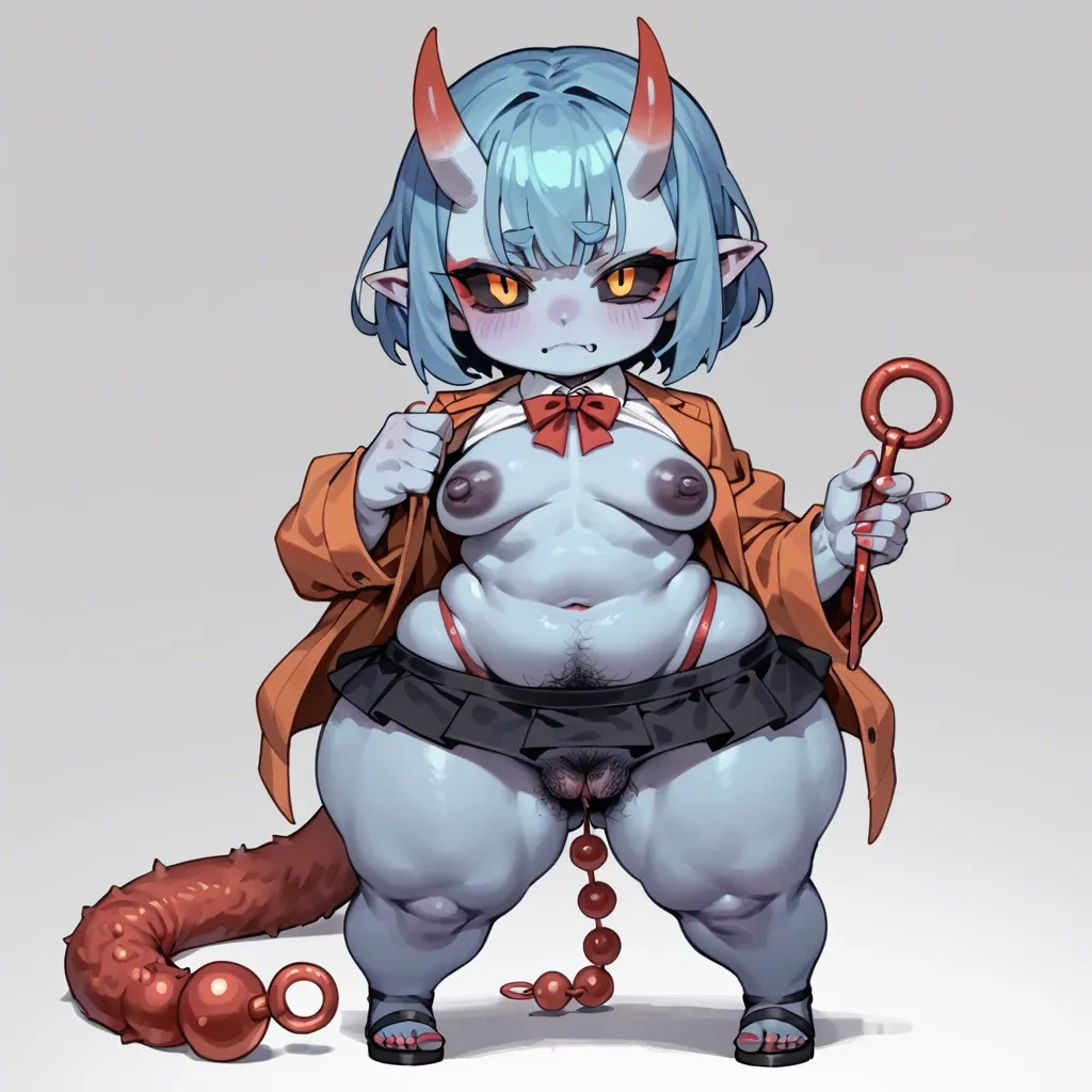 chibi, oni girl,blue skin,penis tail, micro skirt,open shirt,huge anal beads, black sclera,flat saggy chest,huge nipples,dark nipples,huge hips,fat ass,massive pussy,excessive hairy,puffy anus, low angle