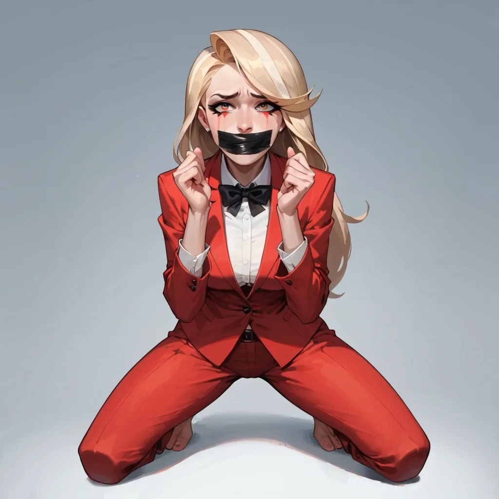 1girl, solo, Charlie Morningstar \(Hazbin Hotel\), red suit, red pants, barefoot, kneeled, tape gagged, hands up, looking at viewer, sad, ((front view))