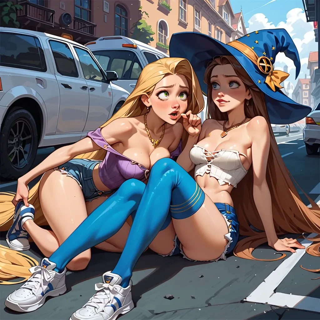 2girl, , , , spread cheeks,good fingers,medium breasts,grabbing sheets,gold necklace, hotpants,blue stockings,witch hat,no bra,white sneakers, bare shoulders, parking, spaceship, robot eyes, rapunzel waifu