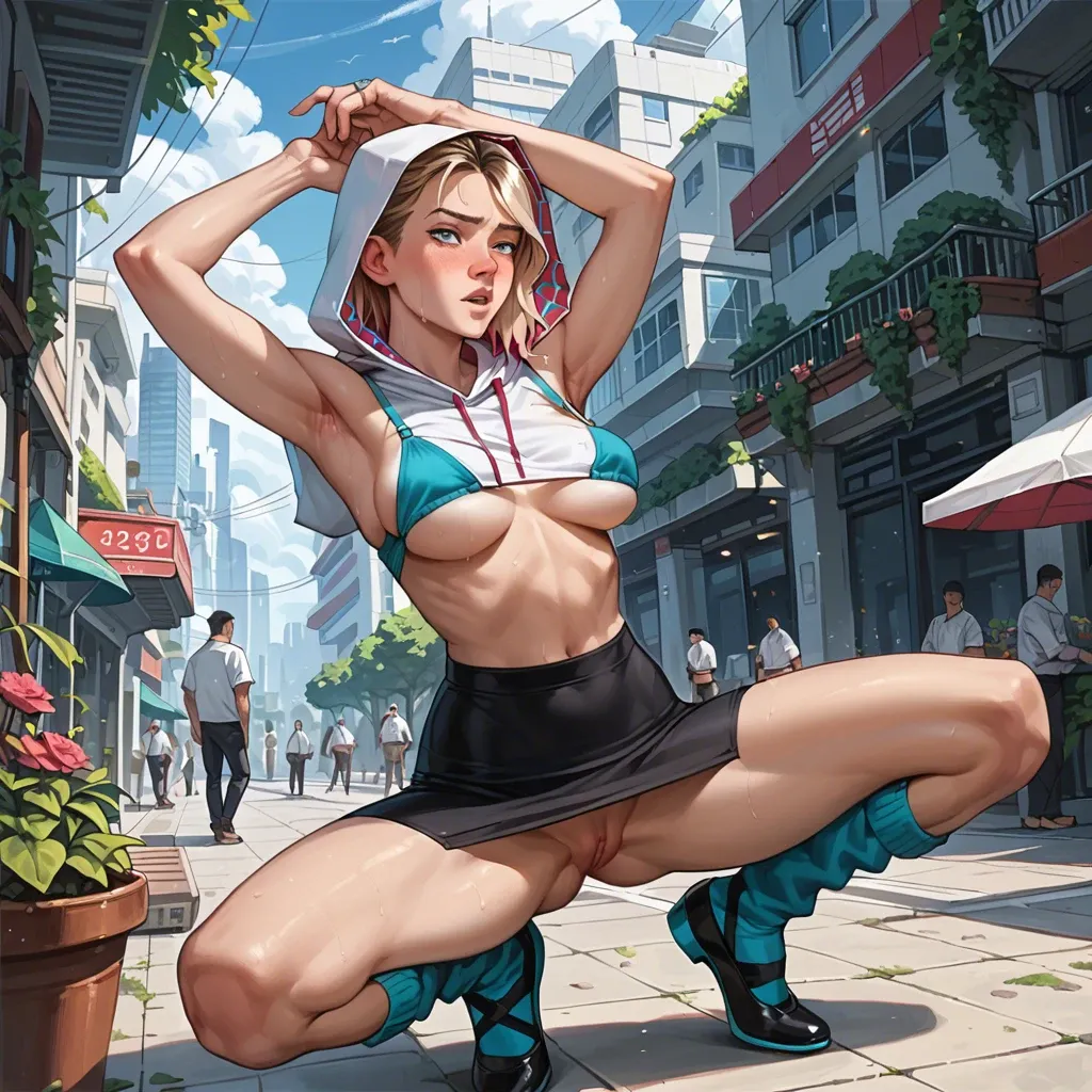 1girl,solo, , , , nose blush,clean armpit,large boob slip,grey background,broad shoulders, pencil skirt,leg warmers,rings,loose bra,ballet shoes, outdoor garden, spaceship, 2 boys, spider-gwen, waifu