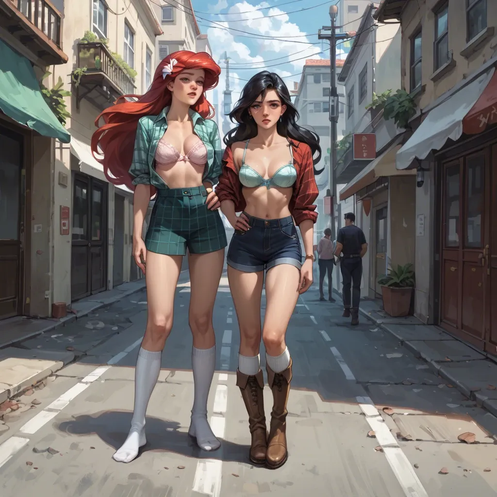 2girl, , , , freckles,perfect feet,firm breasts,grabbing hips,knee-highs, plaid shirt,white socks,opaque glasses,loose bra,knee boots, bare tits, on the street, source anime, lowlight, ariel, ariel waifu