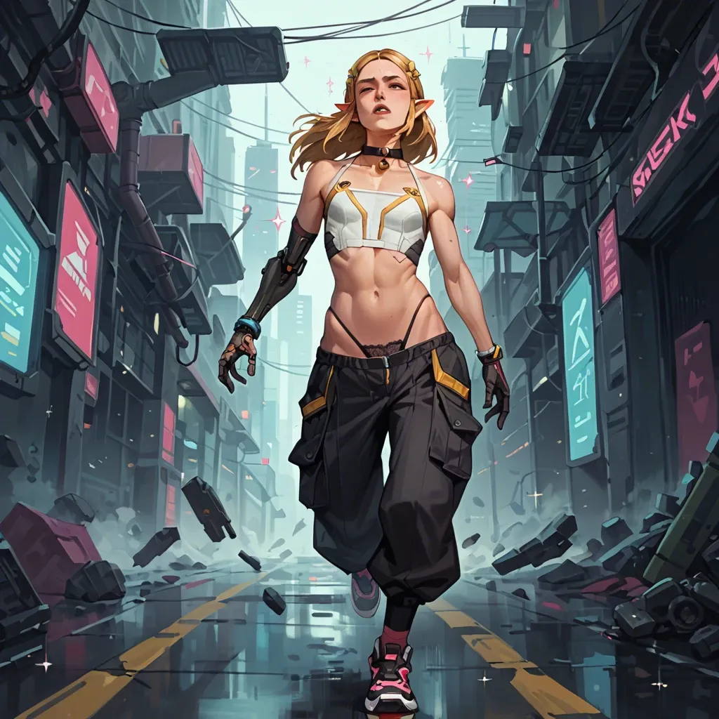 1girl,solo, , , , molest,foot,flat chest,from waist up,neck bell, baggy pants,black leggings,gloves,lace thong,running shoes, sparkles, cyberpunk, cyborg, cyborg, illustration, dark skinned, princess zelda, sweetie belle, nami