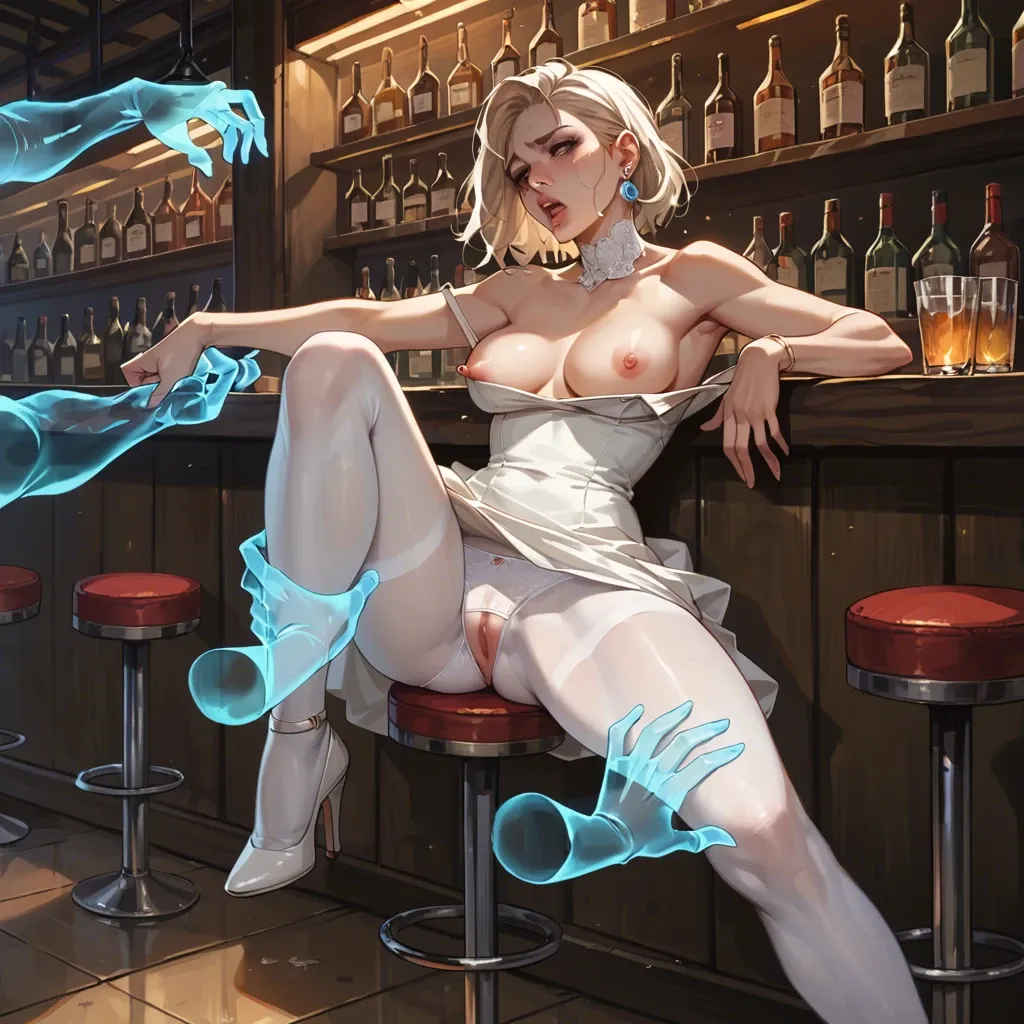 1girl,solo, , , , bubble in nose,ghost hand,nipple slip,abuse,bare shoulders, eyebrow,knee-high,nipples visible,breasts,knee socks, dress,white pantyhose,dangly earrings,panties,heels, bar, cyberpunk, candid camera, spider-gwen, waifu