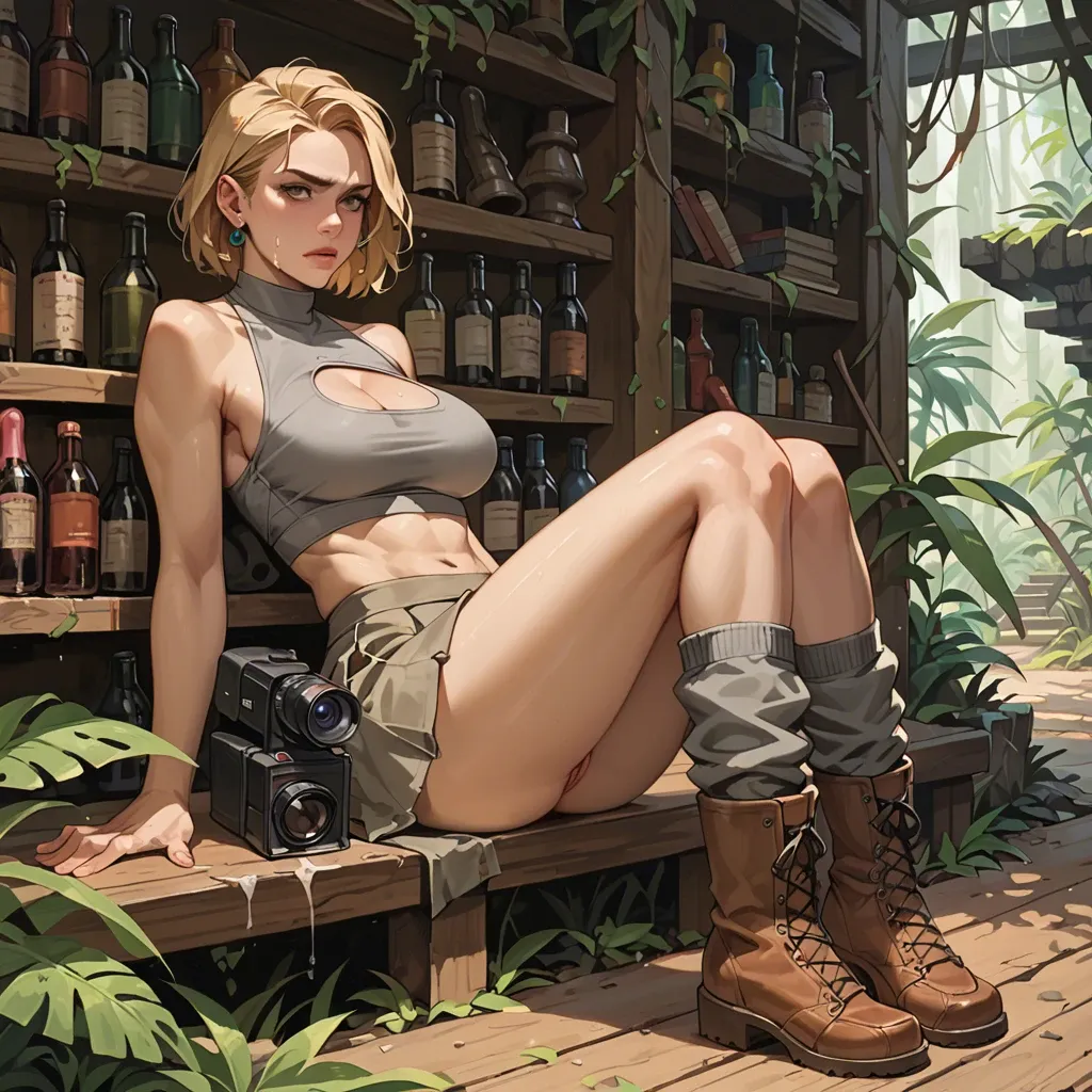 1girl,solo, , , , cheek,feet,cleavage cutout,blonde babe,bare shoulder, taut skirt,leg warmers,dangly earrings,gray sports bra,brown boots, library stacks, jungle, tavern setting, camera, holding dildo, zelda, wonder woman, ariel waifu