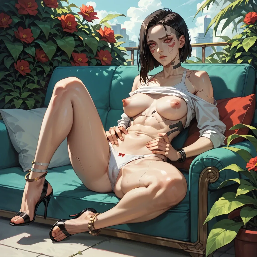 1girl,solo, , , , thin nose,red eyes soles,swollen nipples,hands on waist,free shoulders, white shirt,anklets,white panties,bikini top lift,high heels, sit on a couch, outdoor garden, cyberpunk, android, robot joints