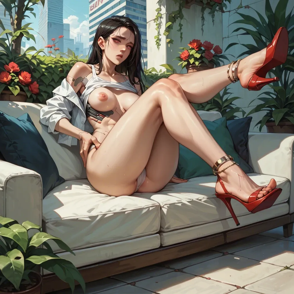 1girl,solo, , , , thin nose,red eyes soles,swollen nipples,hands on waist,free shoulders, white shirt,anklets,white panties,bikini top lift,high heels, sit on a couch, outdoor garden, cyberpunk, android, robot joints