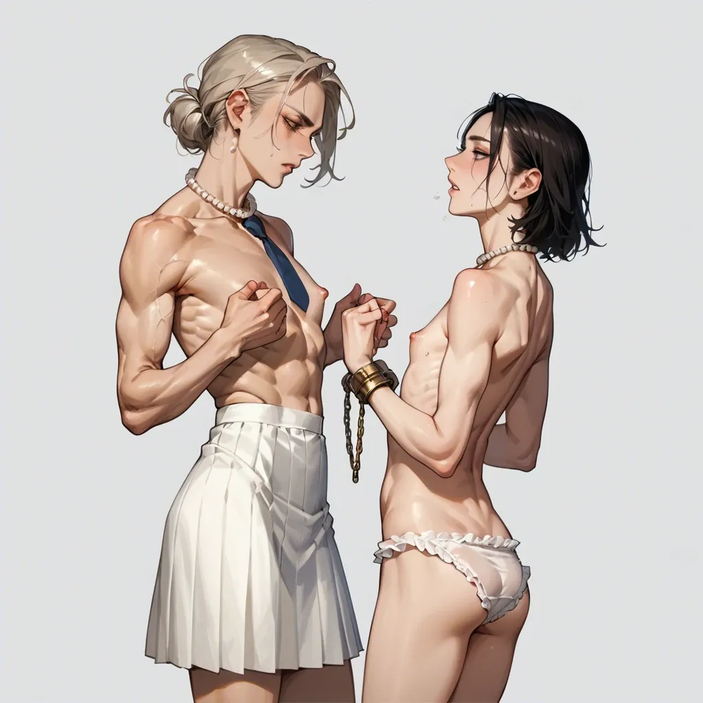 2girl, , , , mole on breast,hands up,flat chest,arching back,skinny body, cheekbones,bound ankles,defined nipples,back muscles,necktie, white skirt,pearl necklace,gold jewelry,frilled panties,stiletto heels, barely, dark alley, cyberpunk, throne, smartwatch, zelda, jasmine, waifu, 3 cocks in ass, 4 cocks in mouth