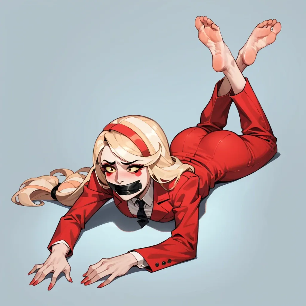 1girl, solo, Charlie Morningstar \(Hazbin Hotel\), red suit, red pants, barefoot, laying on stomach, showing soles, tape gagged, sad, ((face view))