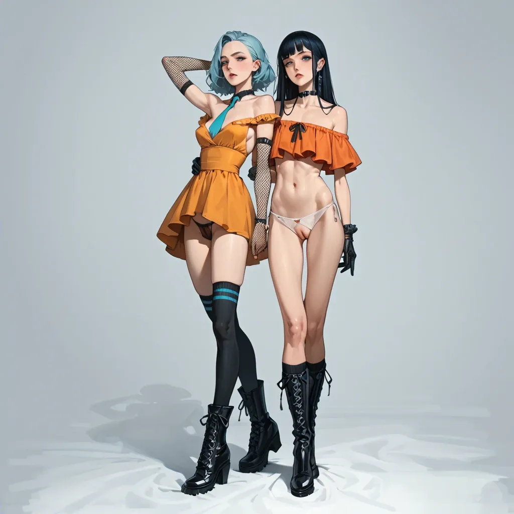 2girl, , , , touching pussy,spread armpits,saggy boobs,slim waist,off shoulder, gown,baggy socks,fishnet gloves,panties aside,gothic boots, orange sundress,socks,aqua necktie,blue panties,heels, bare chest, beach, glowing dildo, linked, miku