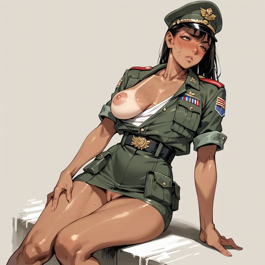 1girl,solo, , , , cheekbones,in army uniform,erect nipples,bent at waist,tan line, nose blush,leg,round boobs,one breast out,elbow, mole on breast,arms on breasts,saggy boobs,belly,very dark skin, floral dress,torn pantyhose,white veil,loose bra,high heels, sweater,red thighhighs,beaded jewelry,panties down,white boots, bare tits, in a garden, spaceship, european girl, lara croft, belle, waifu