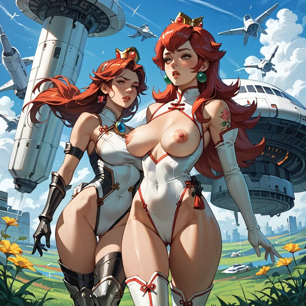 2girl, , , , freckled breast,thigh high,big boobs,boob areola,shoulder tattoo, china dress,pantyhose,long gloves,white leotard,armored boots, school uniform, field, spaceship, super mario, ariel, waifu