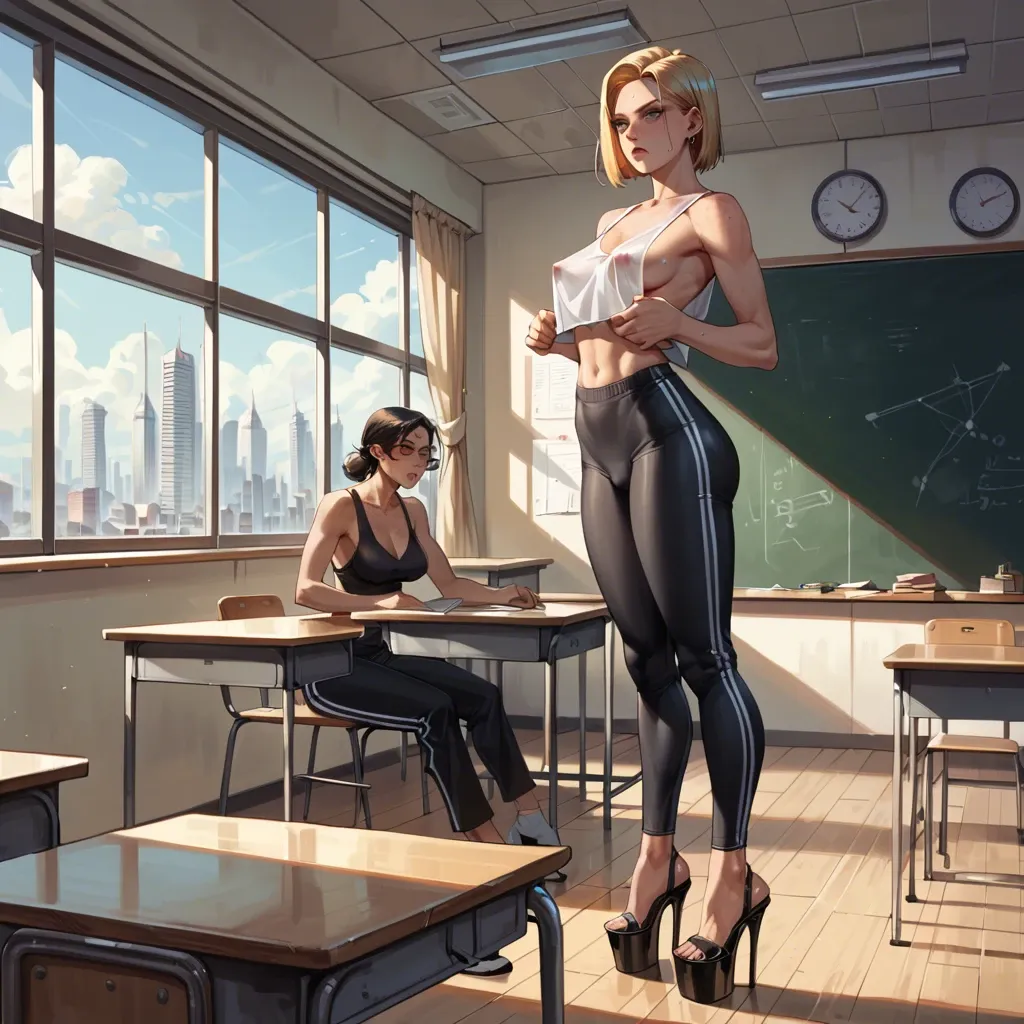 2girl, , , , freckled,bare arms,boob areola,absurd quality,flesh mutant, sweatpants,leggings,opaque glasses,thongs,platform heels, classroom, gardens, spaceship, android 18, robot body, girl lara croft, anna